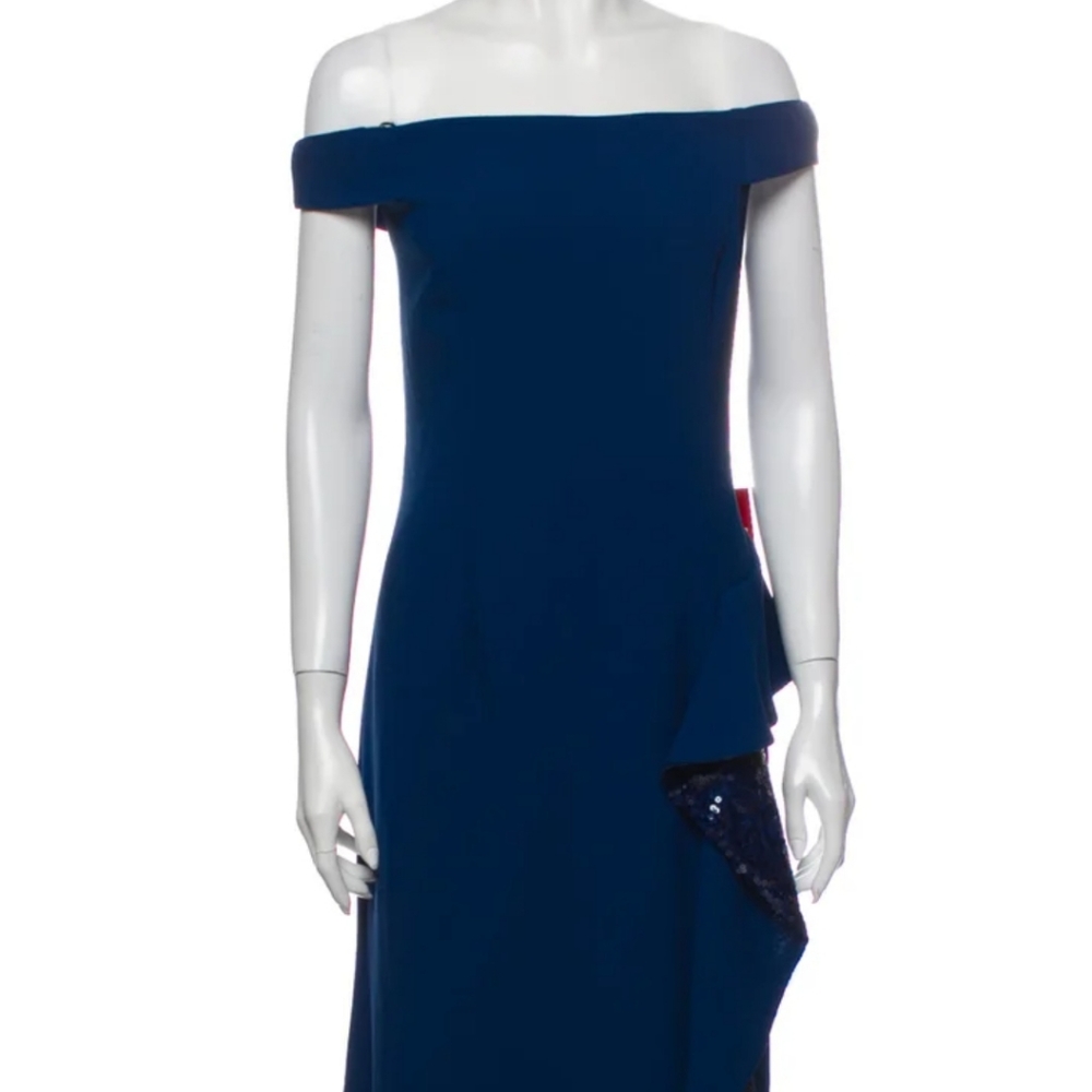 Carmen Marc Valvo Blue off the the shoulder dress